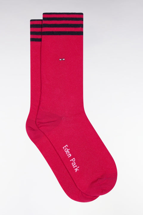 Chaussettes en coton stretch mélangé rose fuchsia à bordures cerclées - Image 1