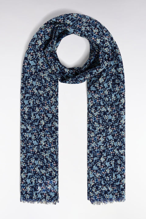 Écharpe en coton et soie imprimé fleuri bleu - Image 2