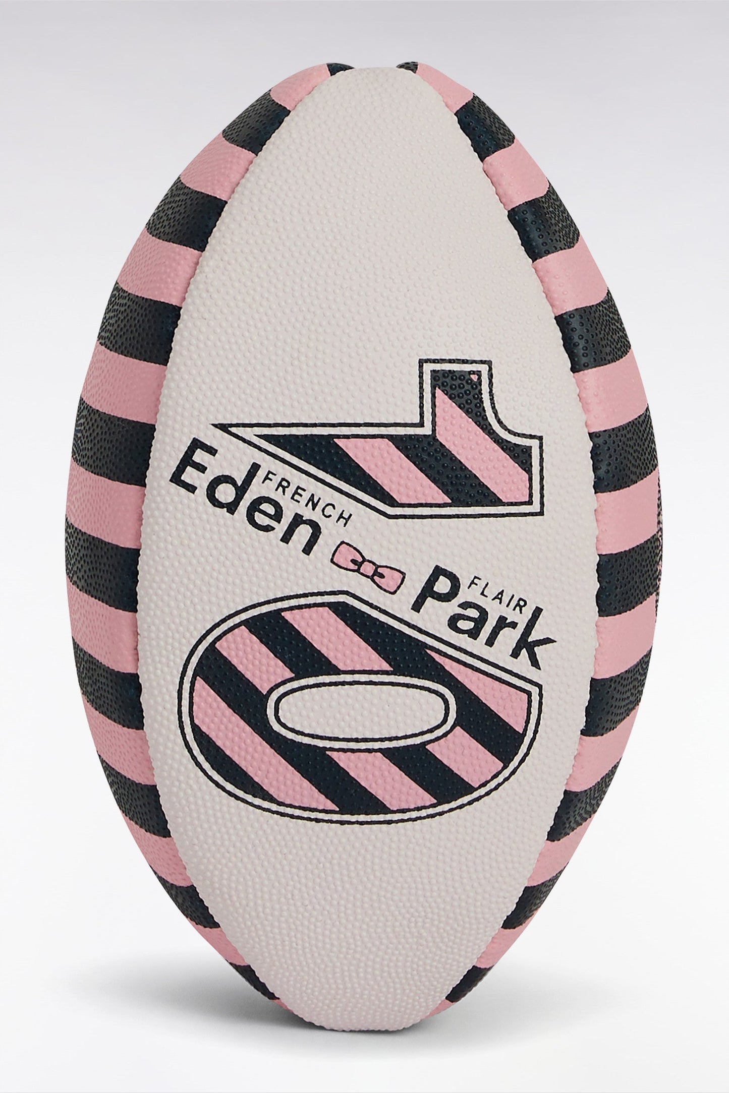 Ballon de rugby en caoutchouc cerclé rose et marine