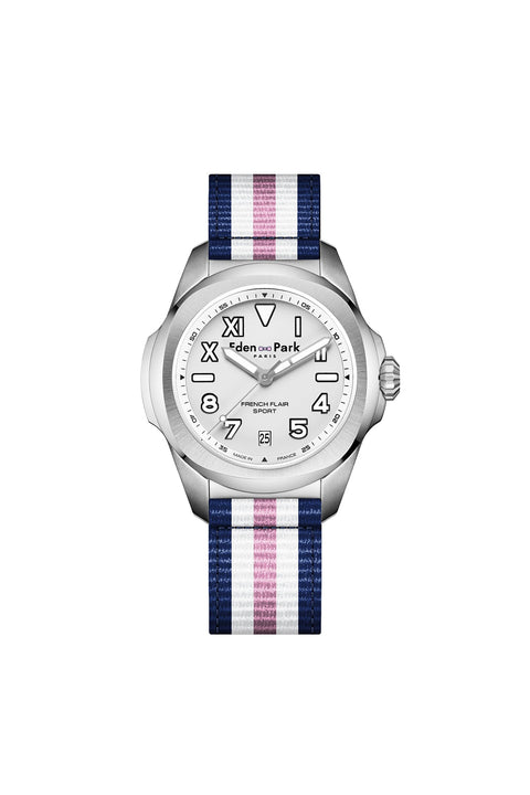 Montre à quartz fond blanc bracelet NATO rayé - Image 1