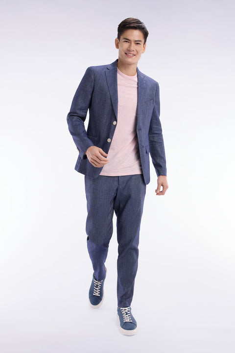Pantalon à taille élastique en lin et coton stretch indigo - Image 3
