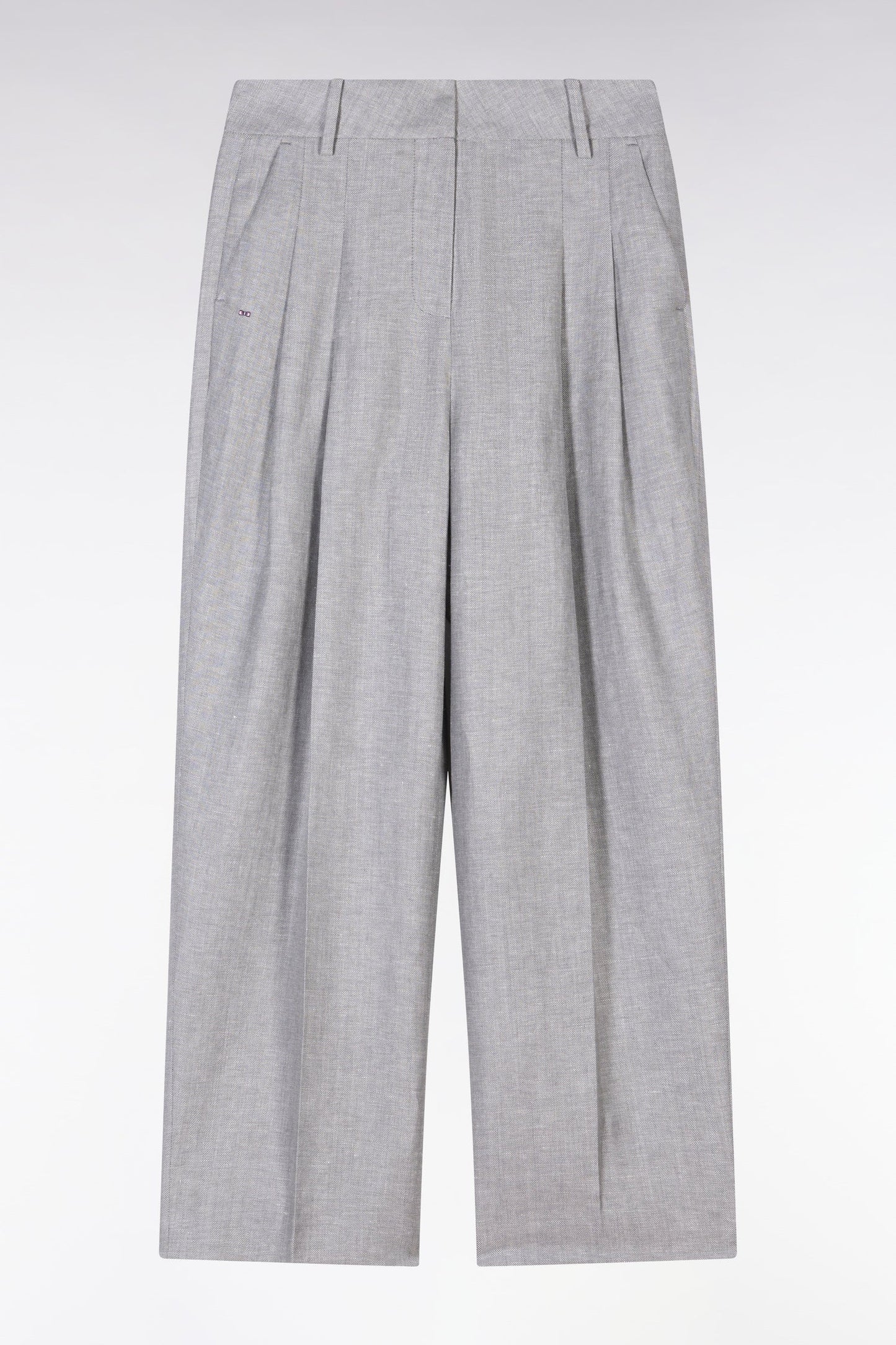 Pantalon chevron à plis en laine et lin gris