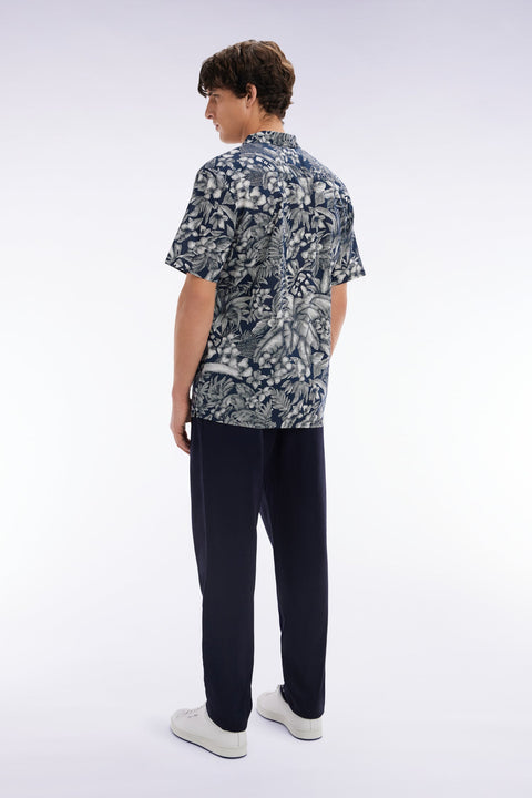 Pantalon fluide à taille élastique en lin et coton stretch marine - Image 3