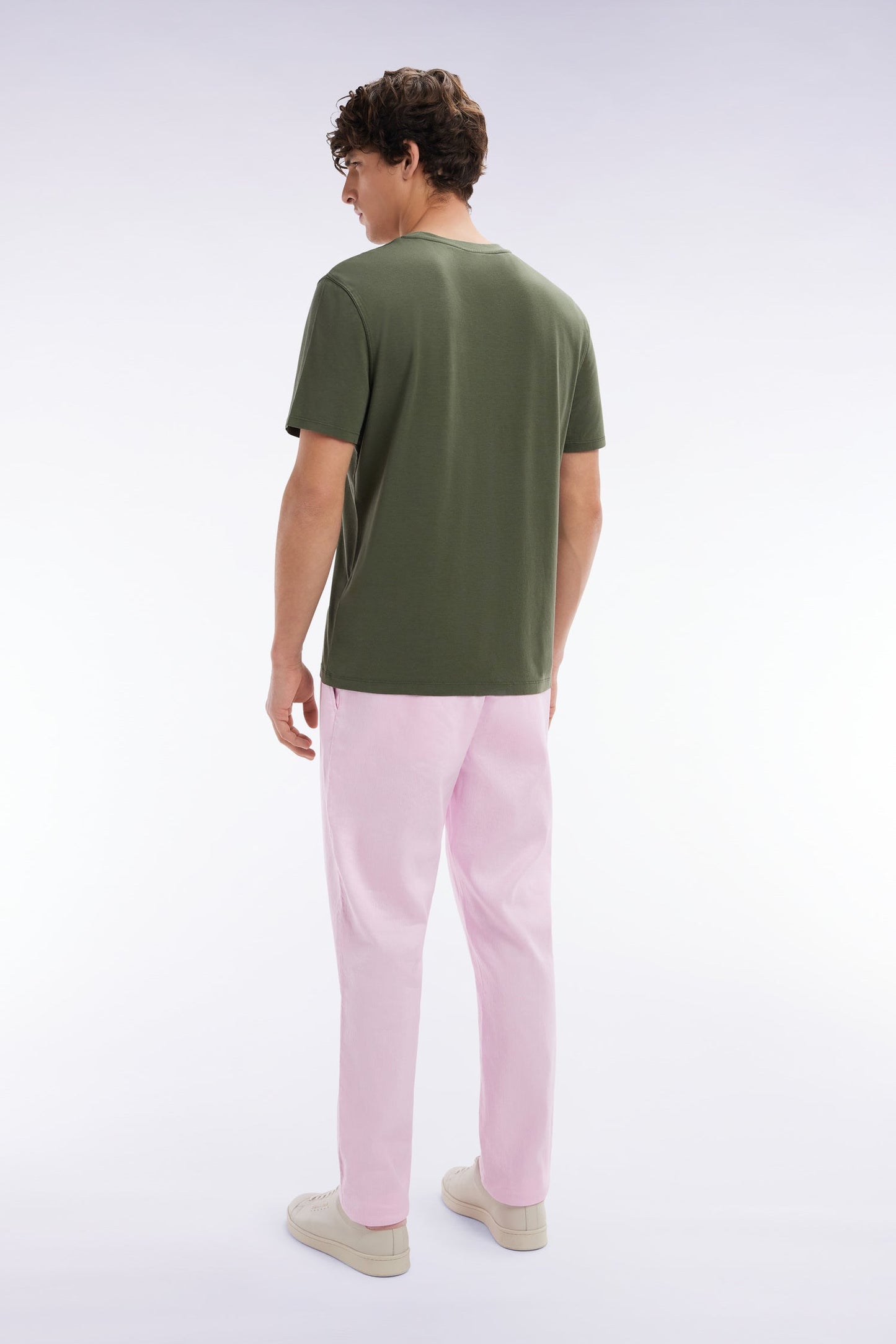 Pantalon fluide à taille élastique en lin et coton stretch rose