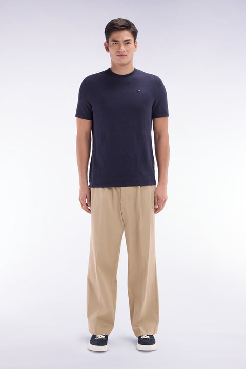 Pantalon à plis jambes larges en lyocell et coton stretch beige - Image 1