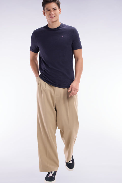 Pantalon à plis jambes larges en lyocell et coton stretch beige - Image 3