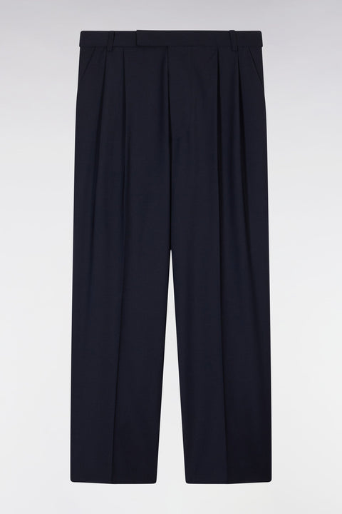 Pantalon à plis jambes larges en laine stretch mélangée marine - Image 2