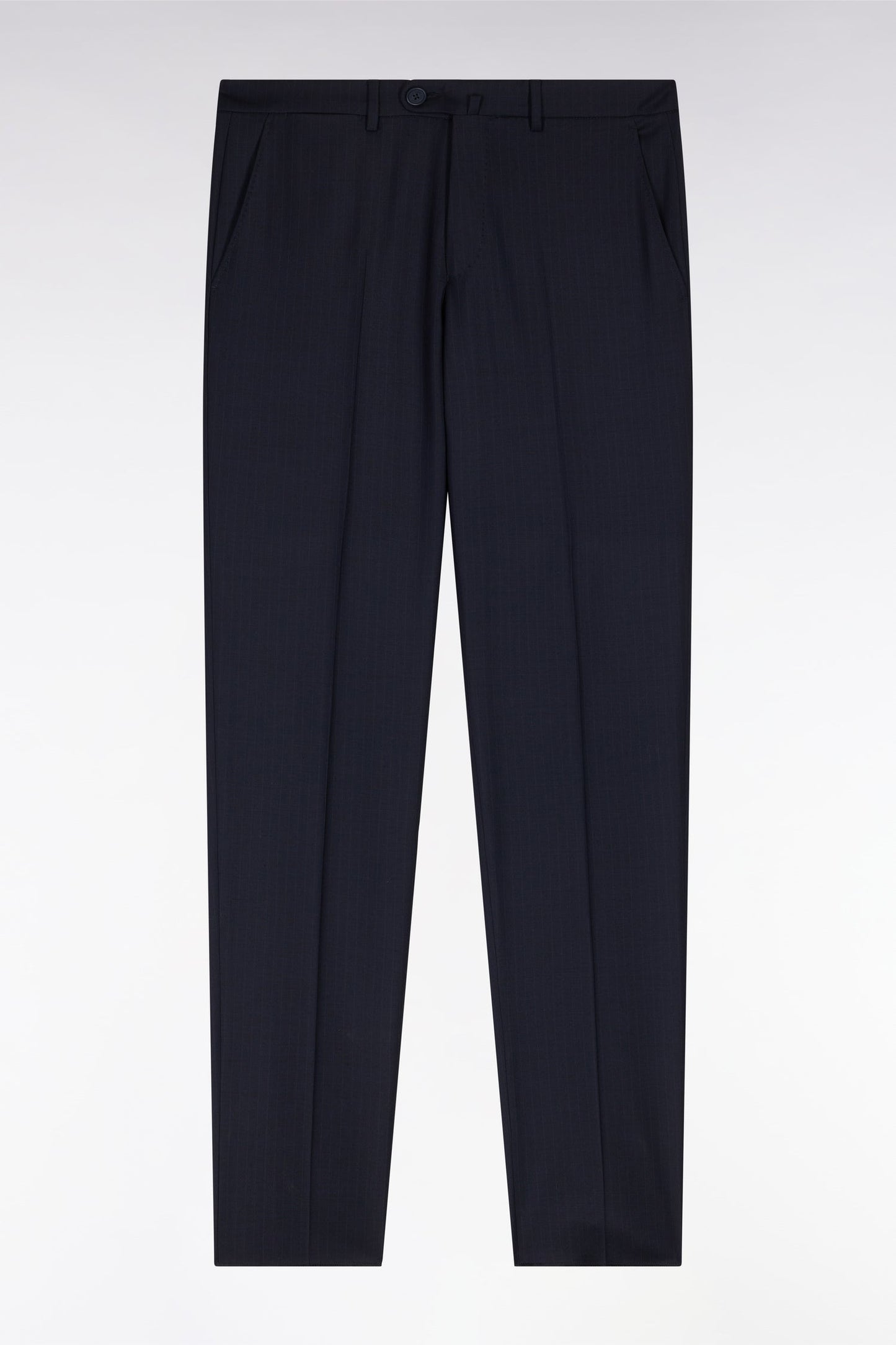 Pantalon en laine stretch mélangée marine à rayures fines