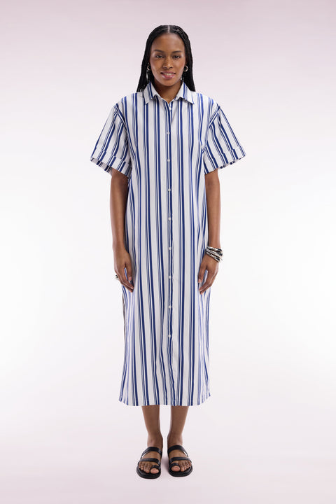 Robe chemise rayée en coton marine et blanc coupe décontractée - Image 3