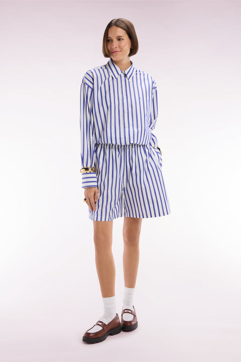 Short en coton blanc à rayures bleues coupe Oversized - Image 1