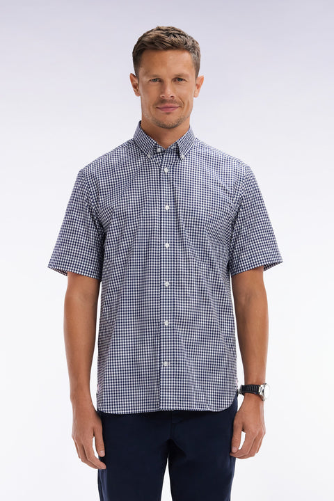 Chemise à manches courtes vichy en coton bleu foncé coupe droite - Image 1