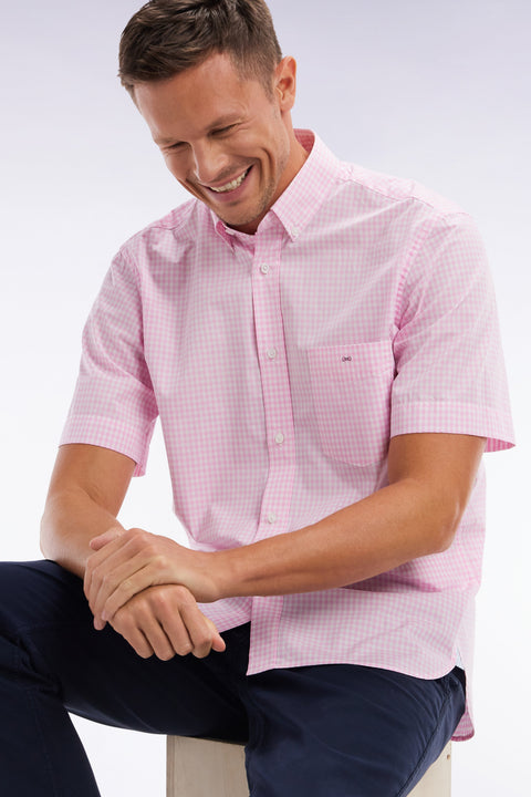 Chemise à manches courtes vichy en coton rose coupe droite - Image 3