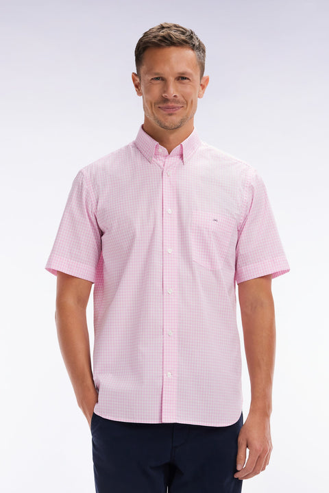 Chemise à manches courtes vichy en coton rose coupe droite - Image 1