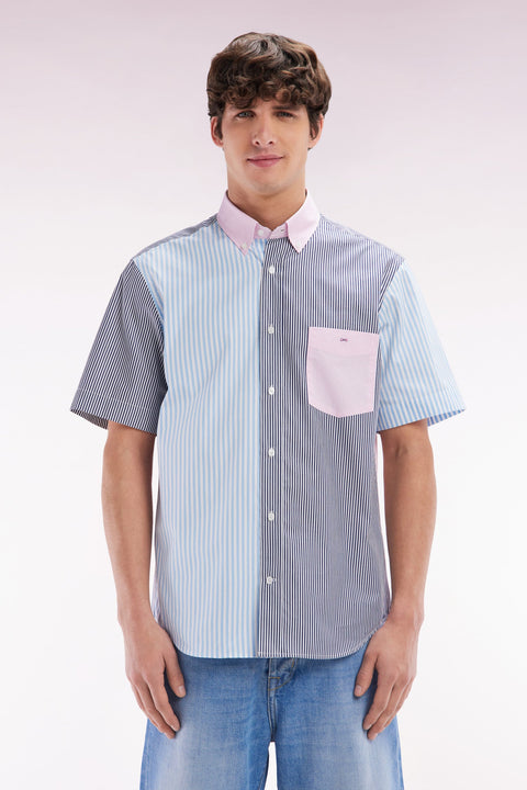 Chemise à manches courtes rayée en coton ciel rose et marine coupe droite - Image 1