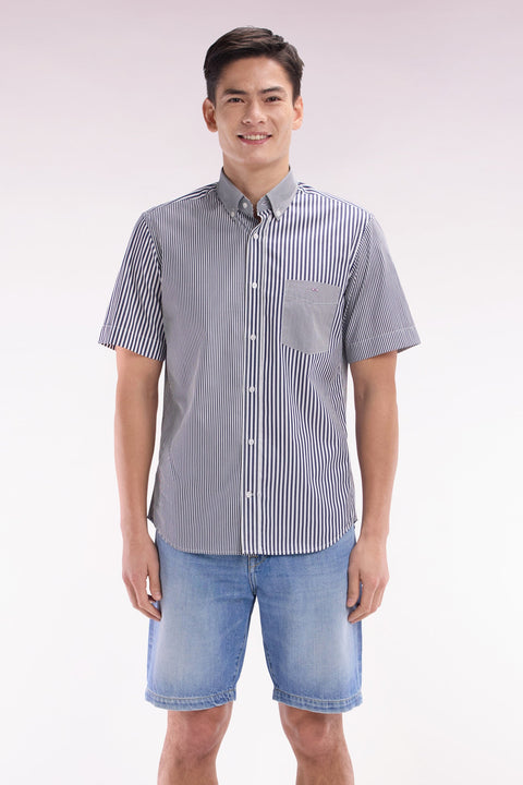 Chemise à manches courtes en popeline de coton rayée bleu foncé coupe droite - Image 1