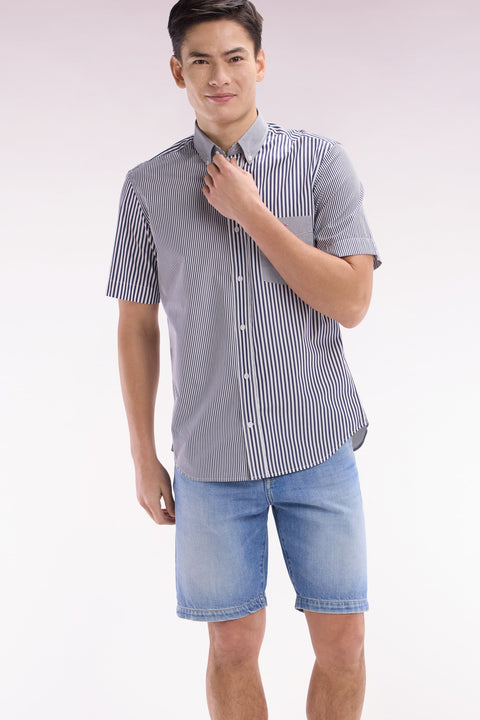 Chemise à manches courtes en popeline de coton rayée bleu foncé coupe droite - Image 3