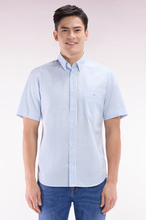 Chemise à manches courtes en popeline de coton rayée ciel coupe droite - Image 1