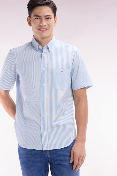 Chemise à manches courtes en popeline de coton rayée ciel coupe droite - Image 3