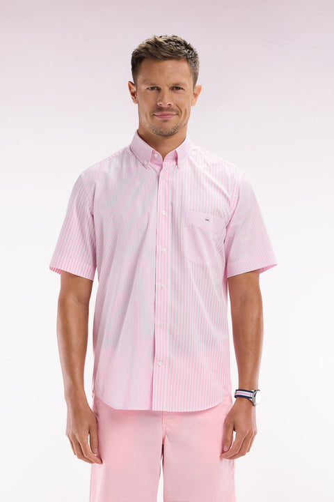 Chemise à manches courtes en popeline de coton rayée rose coupe droite - Image 1