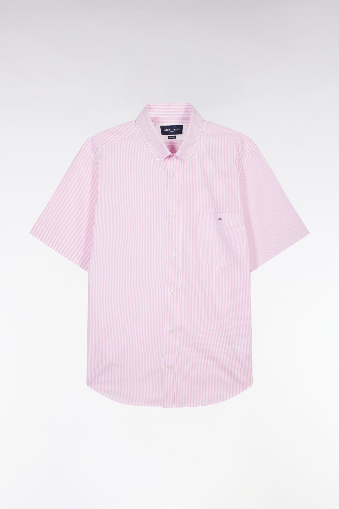 Chemise à manches courtes en popeline de coton rayée rose coupe droite