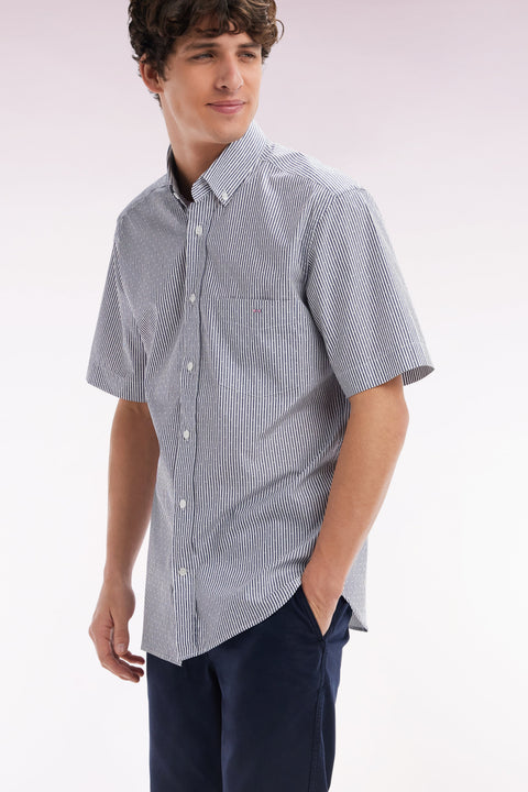 Chemise à manches courtes en coton tissage jacquard rayé bleu foncé coupe droite - Image 3