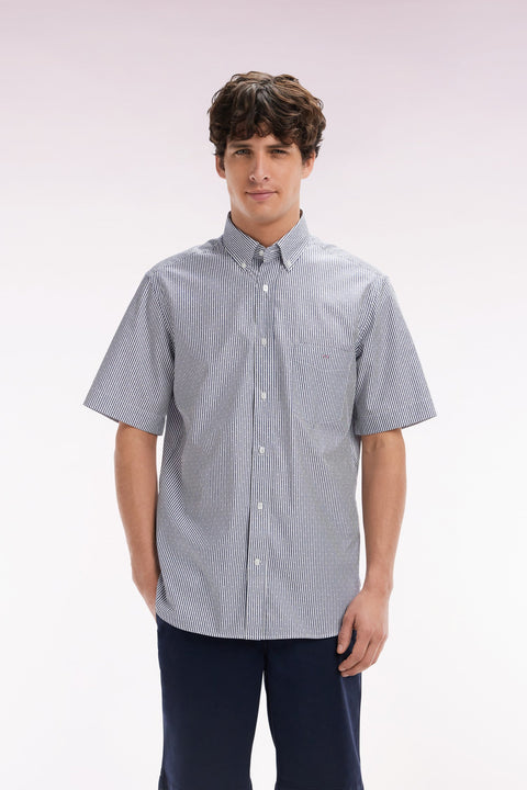 Chemise à manches courtes en coton tissage jacquard rayé bleu foncé coupe droite - Image 1