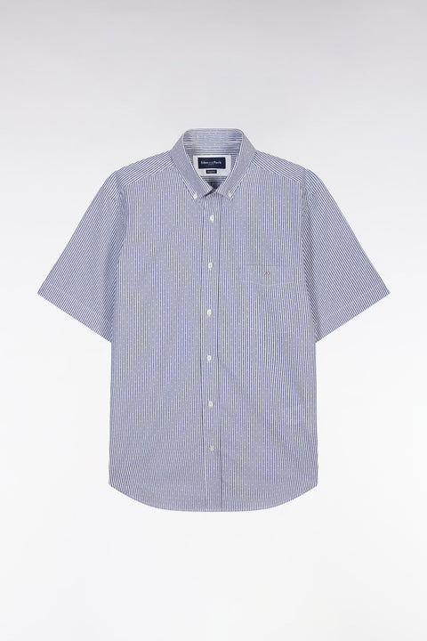 Chemise à manches courtes en coton tissage jacquard rayé bleu foncé coupe droite - Image 2