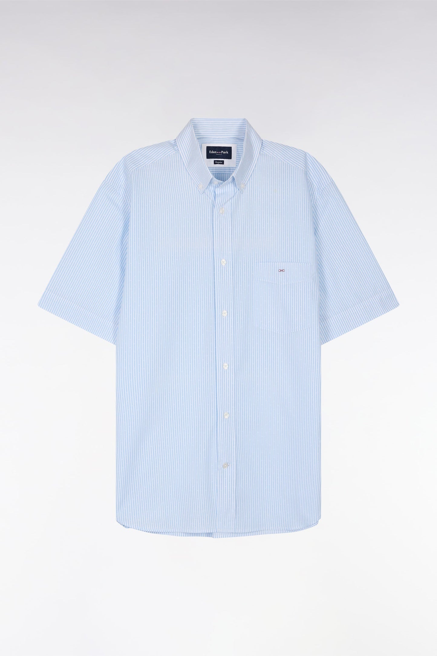 Chemise à manches courtes en coton tissage jacquard rayé ciel coupe droite