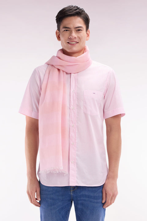Chemise à manches courtes en coton tissage jacquard rayé rose coupe droite - Image 1
