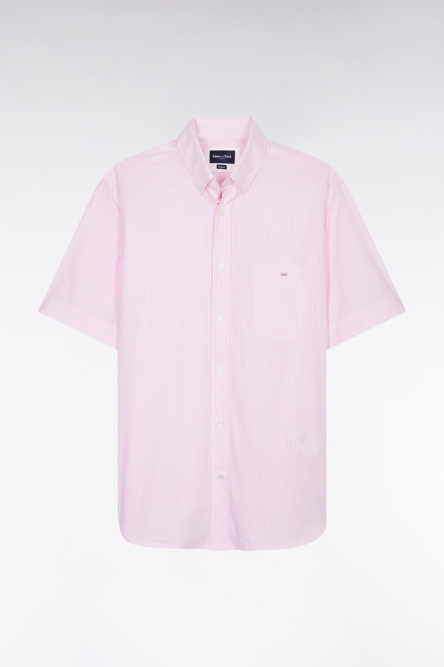 Chemise à manches courtes en coton tissage jacquard rayé rose coupe droite