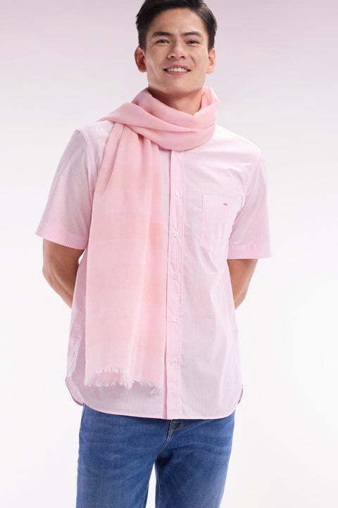 Chemise à manches courtes en coton tissage jacquard rayé rose coupe droite - Image 3