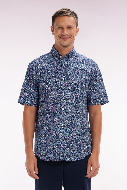 Chemise à manches courtes en coton marine microimprimé fleurs coupe droite - Image 1