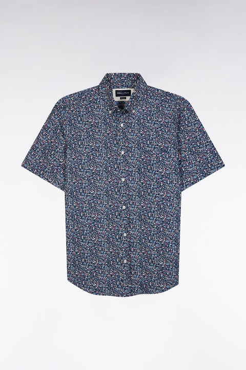 Chemise à manches courtes en coton marine microimprimé fleurs coupe droite - Image 2
