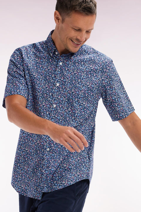 Chemise à manches courtes en coton marine microimprimé fleurs coupe droite - Image 3