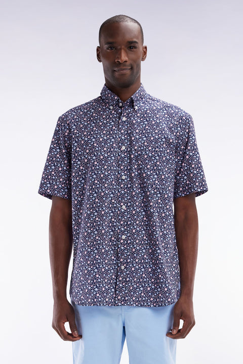 Chemise à manches courtes en popeline de coton marine imprimé floral rose coupe droite - Image 1