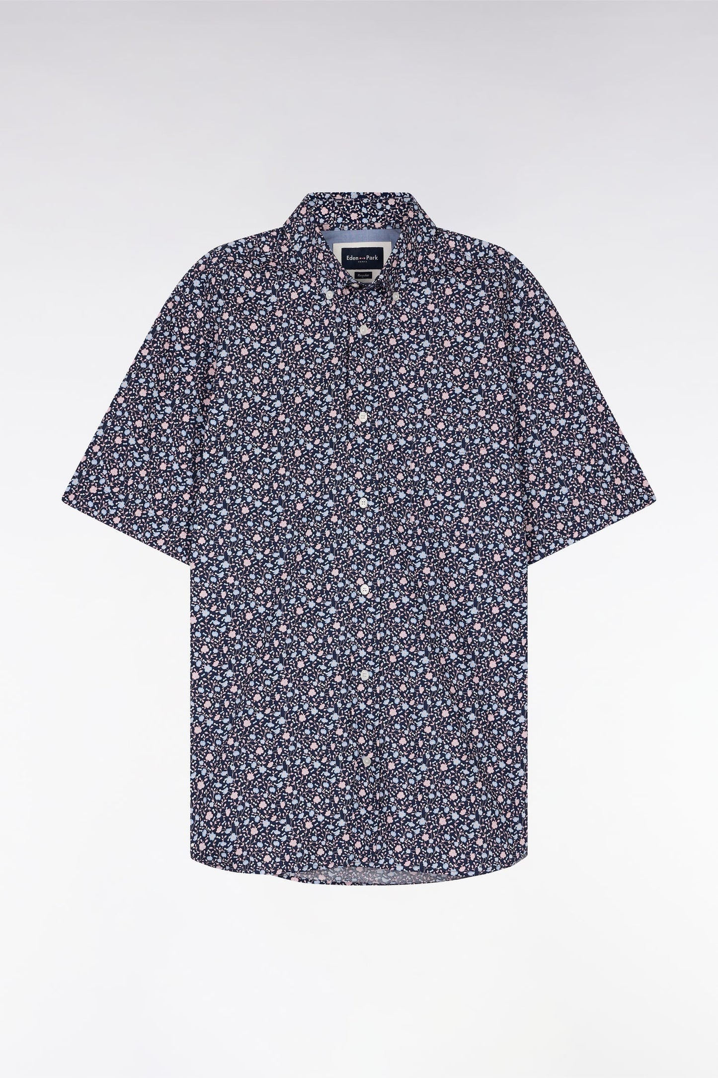 Chemise à manches courtes en popeline de coton marine imprimé floral rose coupe droite