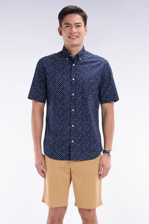 Chemise à manches courtes en popeline de coton gris foncé imprimé nœud papillon multicolore coupe droite - Image 1