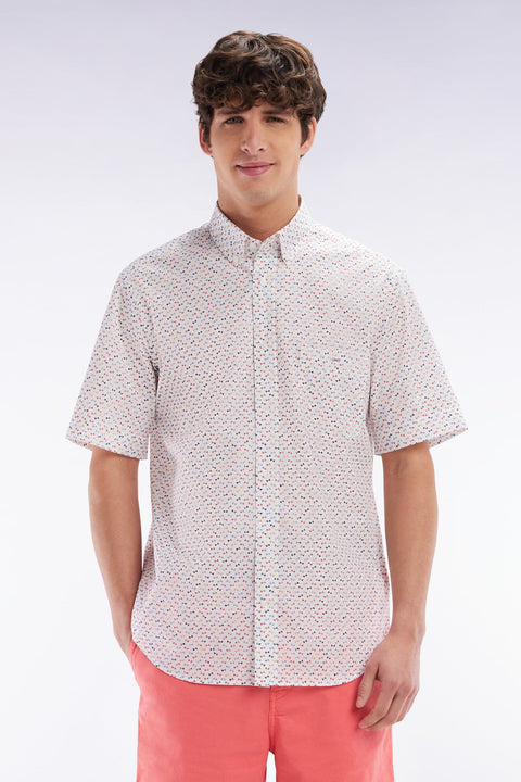 Chemise à manches courtes en popeline de coton écrue imprimé nœud papillon multicolore coupe droite - Image 1