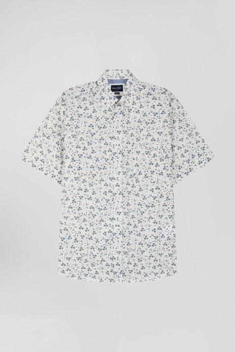 Chemise à manches courtes en popeline de coton écrue imprimé floral bleu gris coupe droite - Image 2