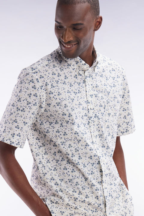 Chemise à manches courtes en popeline de coton écrue imprimé floral bleu gris coupe droite - Image 3