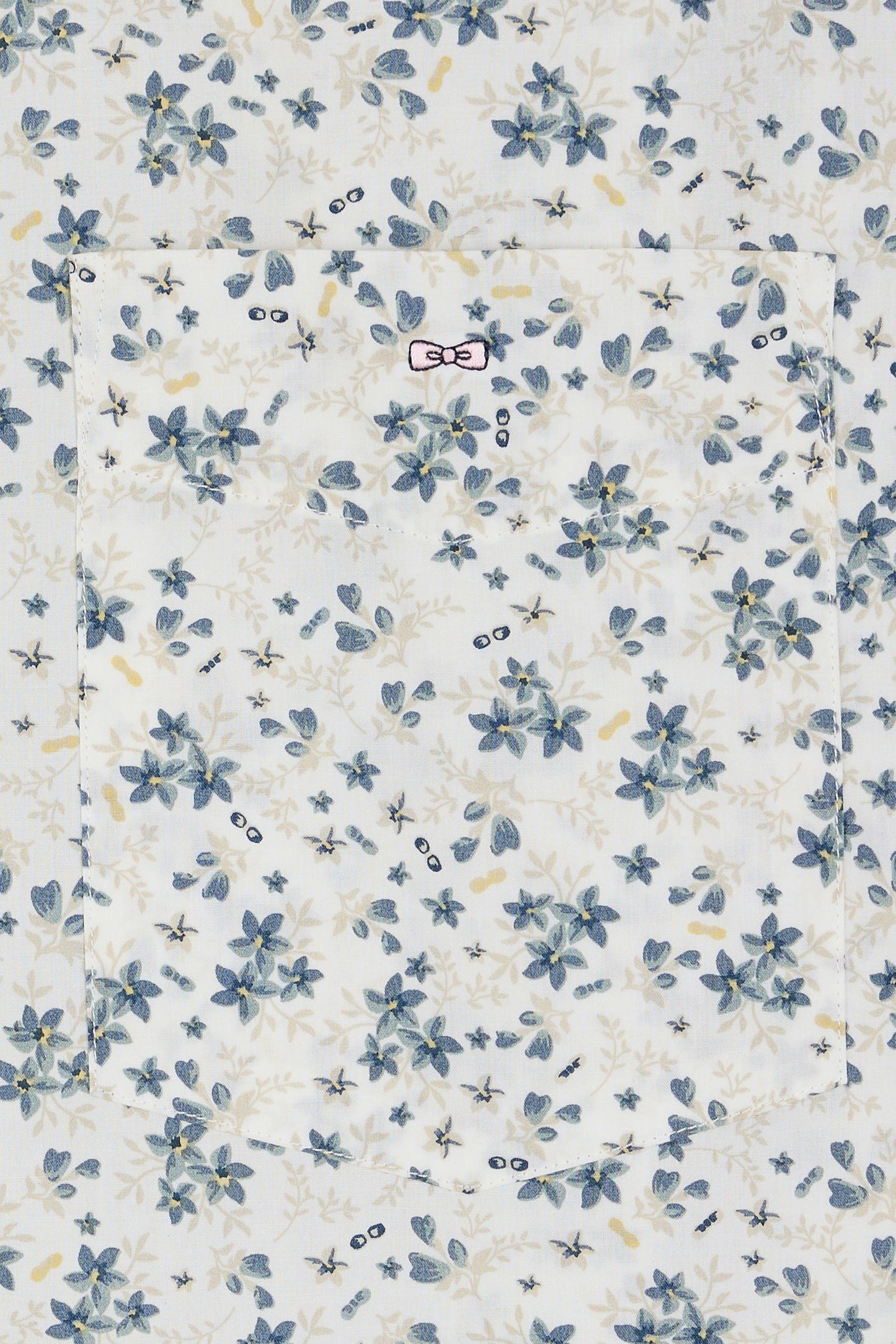 Chemise à manches courtes en popeline de coton écrue imprimé floral bleu gris coupe droite