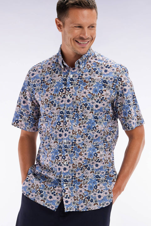 Chemise à manches courtes en popeline de coton bleue imprimé floral coupe droite - Image 3