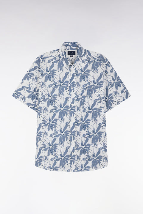 Chemise à manches courtes en popeline de coton blanche imprimé fleurs bleu coupe droite - Image 2