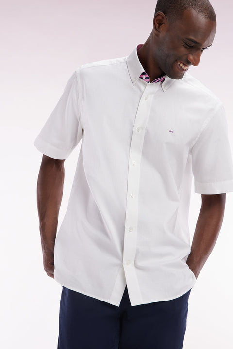 Chemise à manches courtes en coton blanc broderie dos rose coupe droite - Image 3