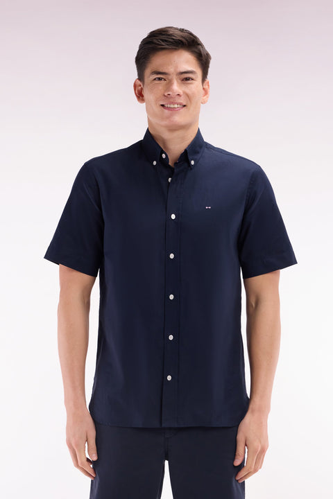 Chemise à manches courtes en coton marine broderie Eden Park coupe droite - Image 1