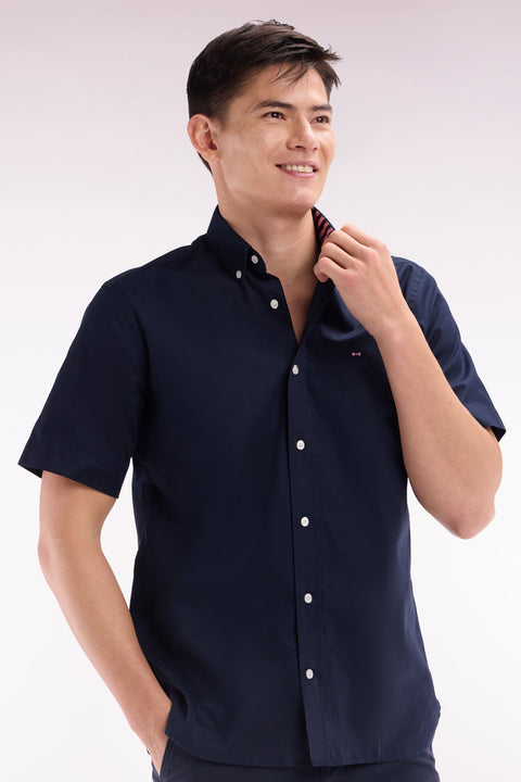 Chemise à manches courtes en coton marine broderie Eden Park coupe droite - Image 3