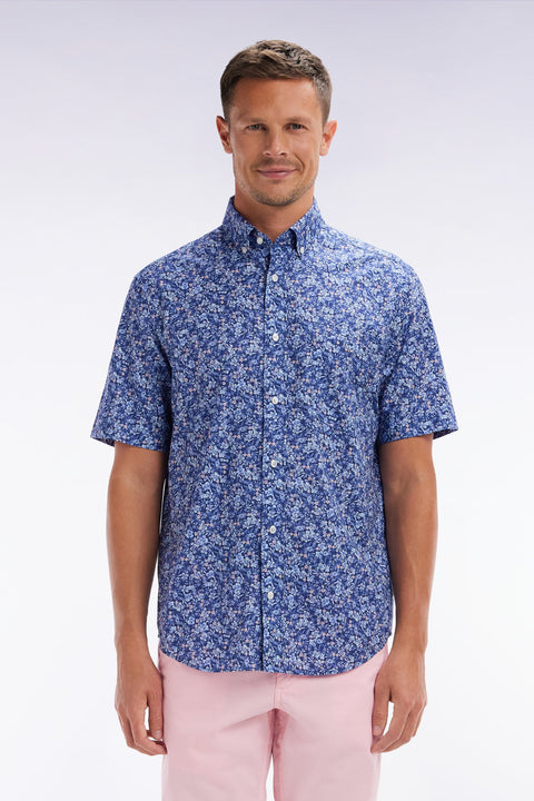 Chemise à manches courtes en popeline de coton Pima bleue micromotif floral coupe droite - Image 1