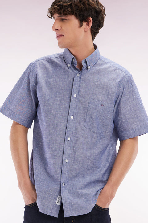 Chemise à manches courtes en coton texturé bleu foncé coupe droite - Image 3