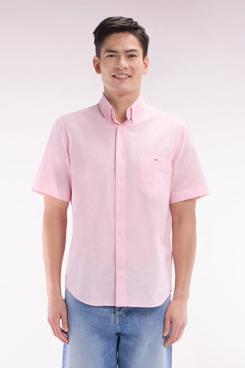 Chemise à manches courtes en coton texturé rose coupe droite - Image 1