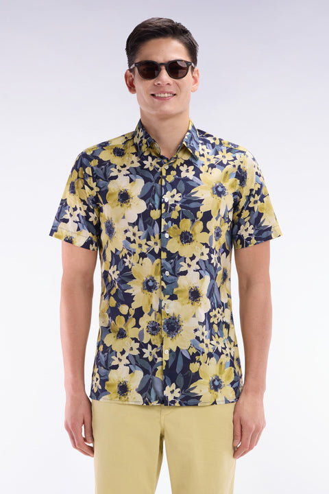 Chemise à manches courtes en popeline de coton marine motif floral jaune coupe droite - Image 1